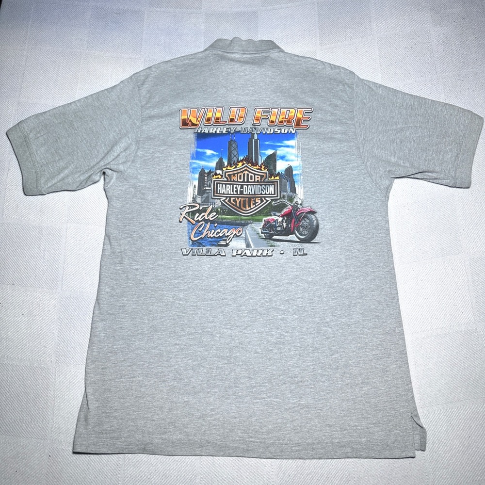 Harley Davidson Polo Shirt Mens Large Chicago Wild Fire Skyline Villa Park Y2K